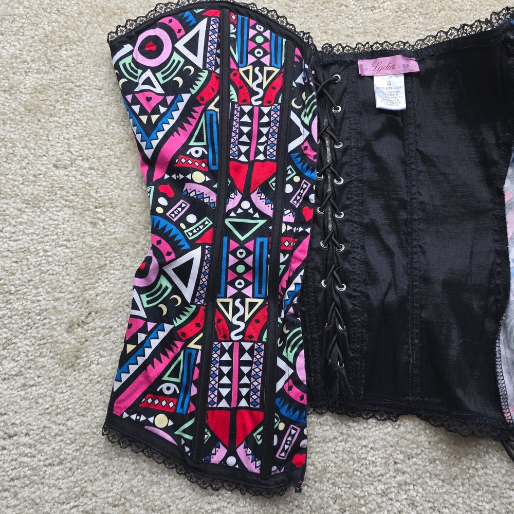 Lydia USA Corset Top Geometric Print‎ Lace Trim Black Boned Bustier Size S